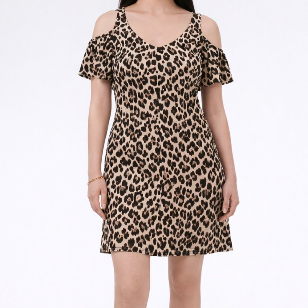 MSK Leopard Print Cold Shoulder Flutter Sleeve Dress Size S